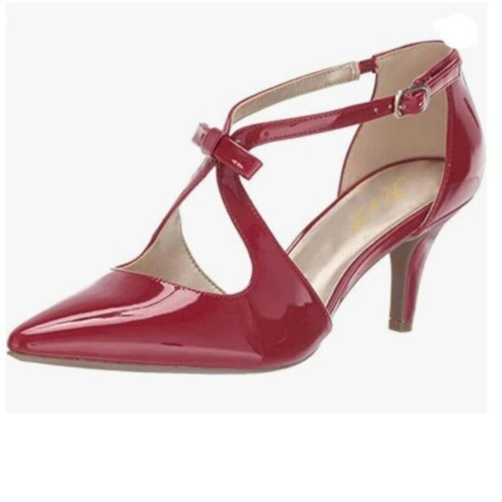FOWT Red Bow Pointed Toe Pumps Cross Strap Kitten Mid Heel D'orsays Shoes
